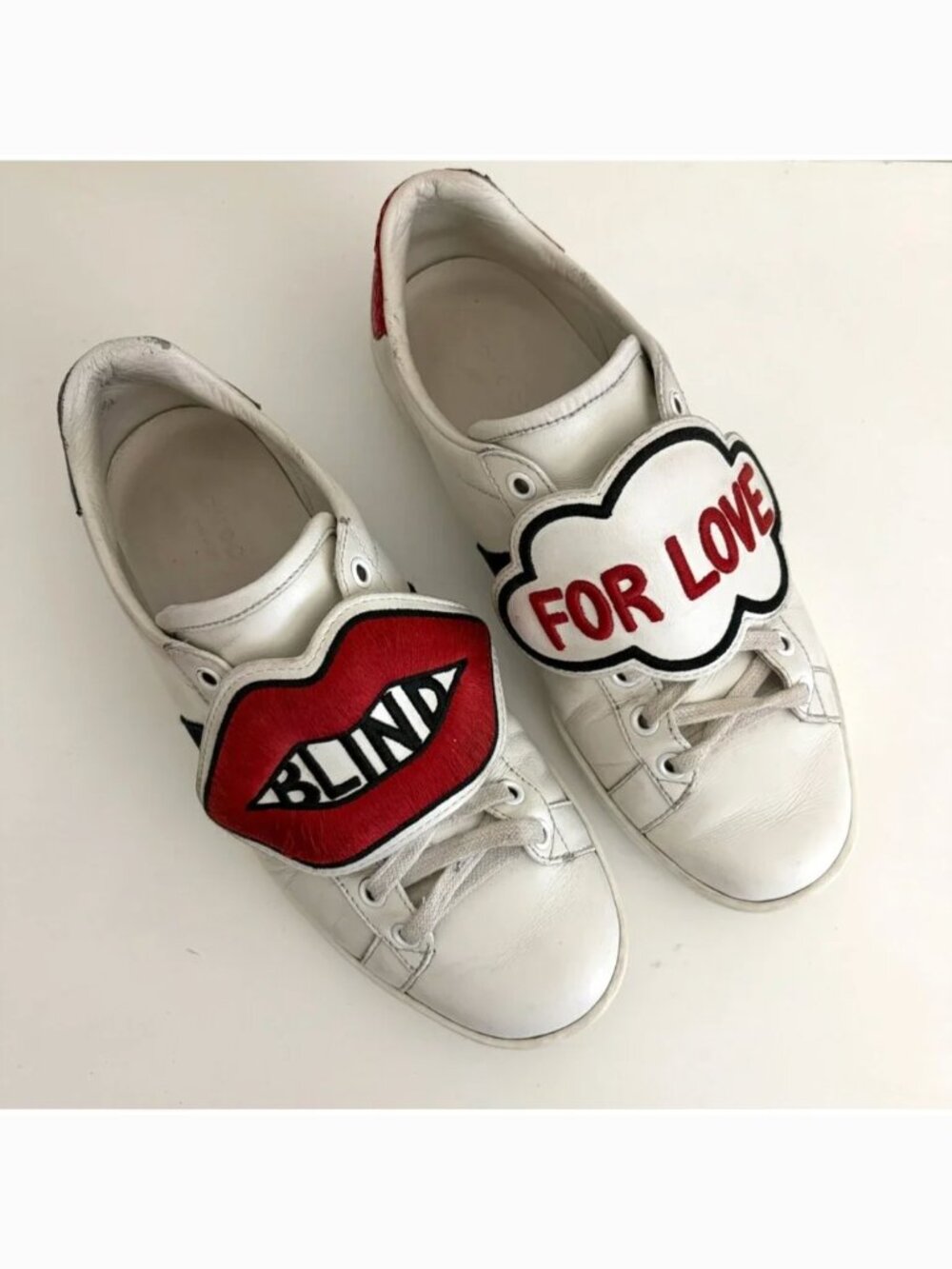 Gucci Ace Blind For Love Patch Sneakers Women 38 EU US 8 White Leather Authentic